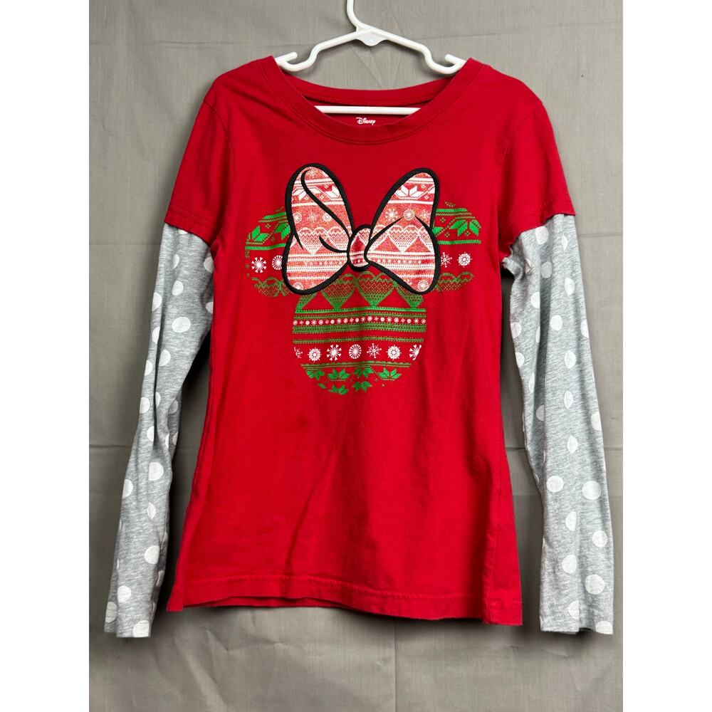 Disney Minnie Mouse Girls Red Holiday Shirt with Polka Dot Sleeves Size M (7/8) - Picture 5 of 5